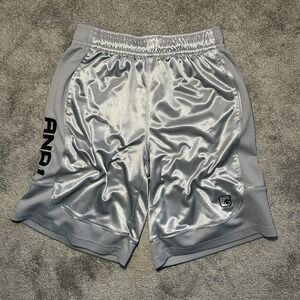 Y2K AND1 Basketball Shorts Mens S Small Silver Silky Dazzle Shiny Stretch